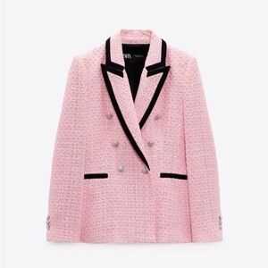 Zara Pink Textured Blazer with Black Trim
